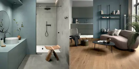 Bagno moderno con lavabo e doccia, soggiorno con divano curvo e libreria. Colori che si abbinano con il grigio, creando un'atmosfera rilassante.