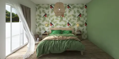 Camera da letto con carta da parati a tema uccelli e pini, biancheria da letto verde smeraldo e una parete verde salvia. Idee camera da letto verde ispirate alla natura.