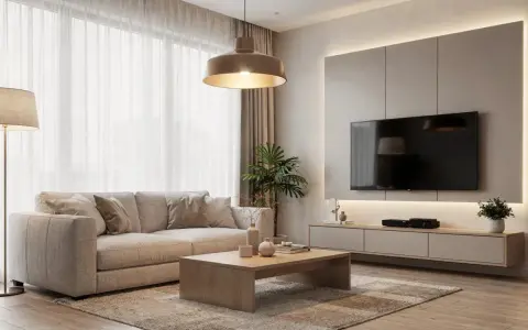 Un accogliente soggiorno con divano beige, tavolino in legno e un'elegante illuminazione sopra il divano che crea un'atmosfera calda.