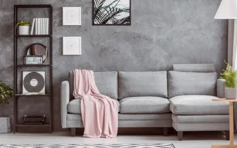 Un divano grigio con coperta rosa, una libreria nera con piante e vinile, e un tavolino di legno: ecco cosa mettere vicino al divano per un tocco di stile.