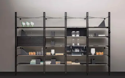 Libreria alluminio design con ripiani in vetro e dettagli in legno scuro, esposti oggetti decorativi e libri.