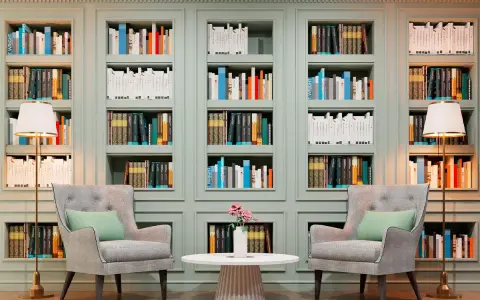 Libreria elegante con libri ordinati, poltrone comode e lampade. Un'ispirazione su come abbellire una libreria con stile e funzionalità.