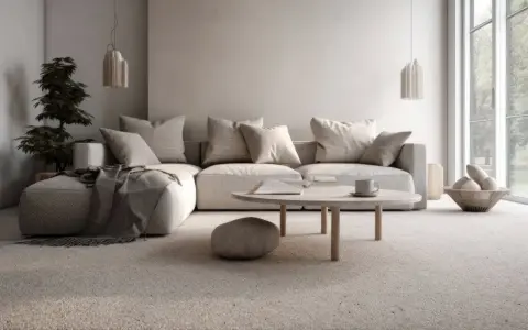 Soggiorno accogliente con divano angolare e tappeto in un caldo colore taupe. Tavolino rotondo con tazza e libro.