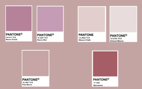 Palette di colori Pantone che esplorano il colore malva abbinamenti: dal Mauve Orchid al Mauvewood, passando per sfumature delicate.