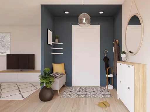 Ingresso moderno con panca, specchio rotondo e scarpiera. Idee particolari per un'accoglienza funzionale e di stile.