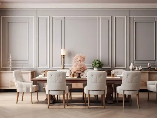 Elegancka jadalnia z boiserie, stołem i białymi krzesłami. Idealne idee boiserie soggiorno.
