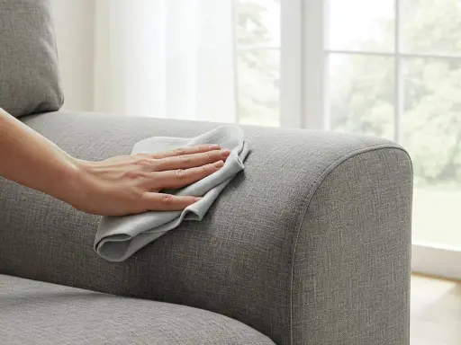 Mano che pulisce una poltrona in tessuto grigio con un panno. Un gesto semplice per imparare come pulire una poltrona in tessuto e mantenerla come nuova.