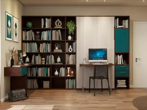 Scrivania con computer e libreria piena di libri. Un angolo studio clara bona, perfetto per lavorare o leggere.