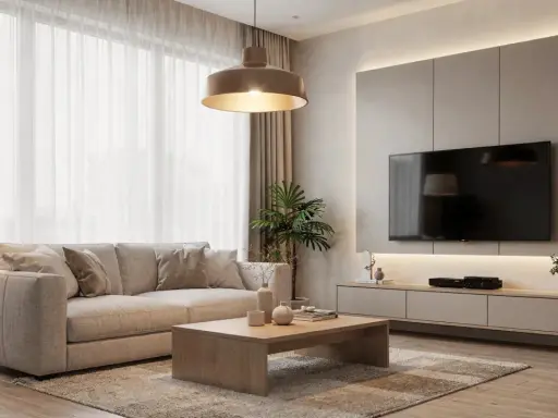 Un accogliente soggiorno con divano beige, tavolino in legno e un'elegante illuminazione sopra il divano che crea un'atmosfera calda.