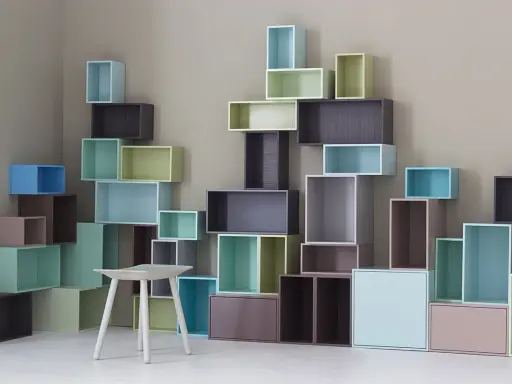 Scaffali colorati disposti in modo creativo, un esempio di design modulare che si adatta a ogni spazio.