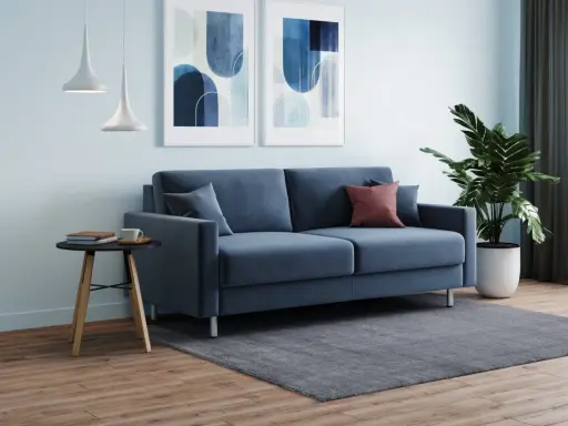 Soggiorno moderno con divano blu, quadri astratti e piante. L'altezza mensole sopra divano è ideale per l'arredo.