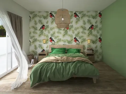 Camera da letto con carta da parati a tema uccelli e pini, biancheria da letto verde smeraldo e una parete verde salvia. Idee camera da letto verde ispirate alla natura.