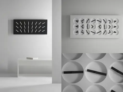 Orologio muro design minimalista, con quadrante nero e lancette bianche, e un altro con quadrante bianco e lancette nere.