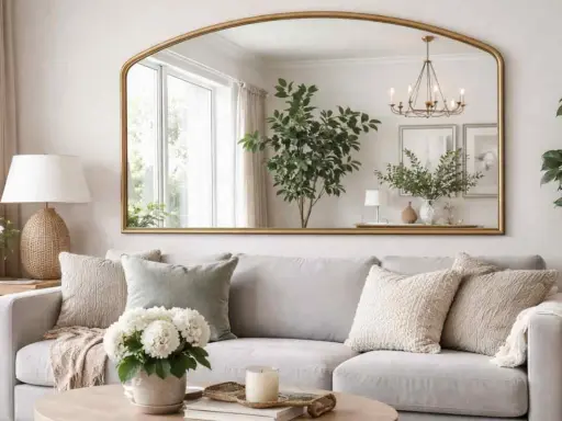 Ampio specchio dietro il divano, con cornice dorata, riflette una pianta, un lampadario e quadri.