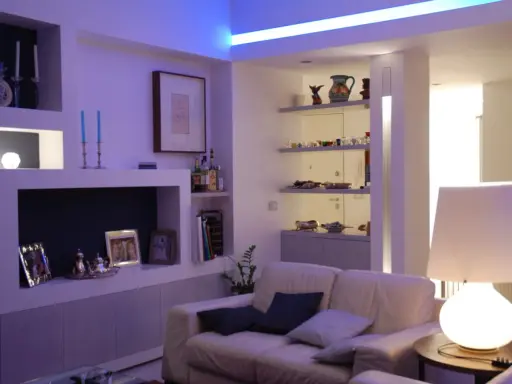 Soggiorno moderno con illuminazione soffusa, ideale per come illuminare un soggiorno con poca luce. Divano bianco, mensole con oggetti e lampada da tavolo.