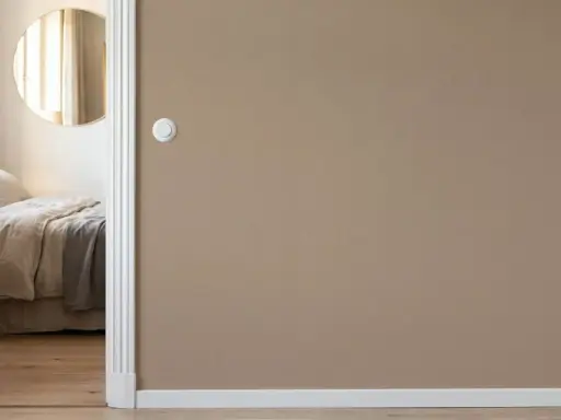 Camera da letto con letto accogliente, specchio rotondo e pareti color taupe.