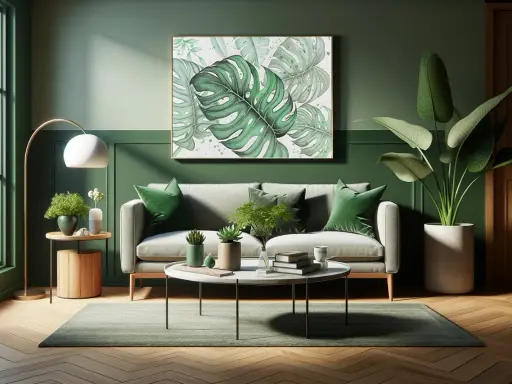 Un soggiorno moderno con divano grigio, cuscini verdi e un quadro di foglie tropicali. Un esempio di come abbinare il verde per un'atmosfera rilassante.