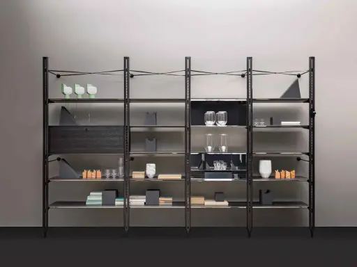 Libreria alluminio design con ripiani in vetro e dettagli in legno scuro, esposti oggetti decorativi e libri.