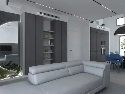Elegante salotto grigio e bianco con divano moderno, zona pranzo con sedie colorate e un'originale parete a specchio con illuminazione.