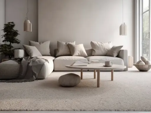 Soggiorno accogliente con divano angolare e tappeto in un caldo colore taupe. Tavolino rotondo con tazza e libro.