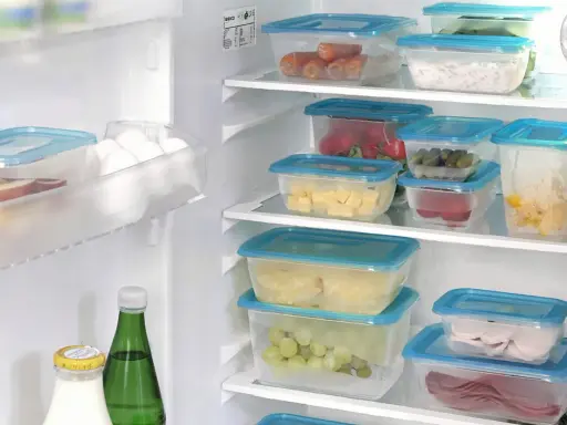 Frigo organizzato con contenitori trasparenti: carote, formaggio, cetrioli, uva, affettati. Un esempio di come organizzare il frigo per conservare al meglio gli alimenti.