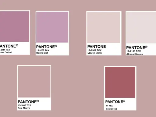 Palette di colori Pantone che esplorano il colore malva abbinamenti: dal Mauve Orchid al Mauvewood, passando per sfumature delicate.