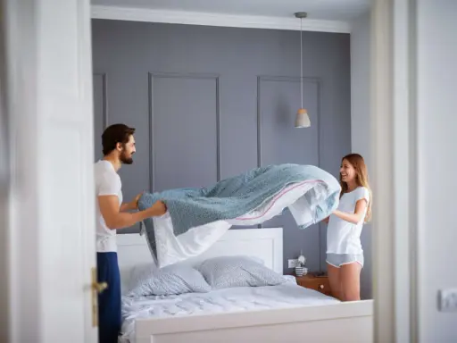Coppia felice cambia le lenzuola, un promemoria su ogni quanto cambiare le lenzuola per un sonno fresco e igienico.