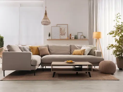 Divano angolare color taupe, con cuscini decorativi, tavolino in legno e pianta verde.