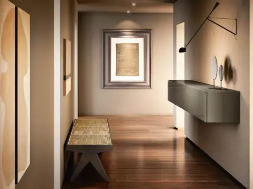 Corridoio d'ingresso moderno con panca in bambù, quadro d'autore e mensola sospesa. Idee corridoio ingresso eleganti e funzionali.