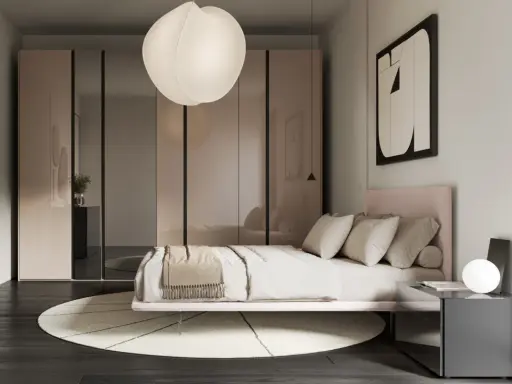 Idee per appartamenti moderni: camera da letto elegante con letto rosa, armadio a specchio e lampada a sospensione sferica.