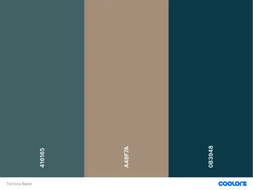 Palette con tortora, blu petrolio e verde acqua scuro. Idee su come abbinare i colori per un look sofisticato.