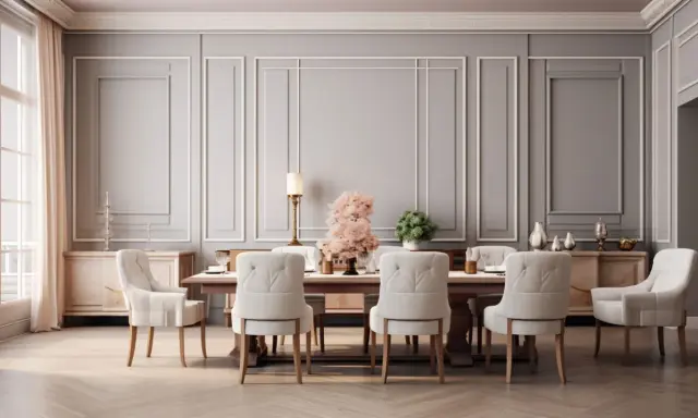 Elegancka jadalnia z boiserie, stołem i białymi krzesłami. Idealne idee boiserie soggiorno.