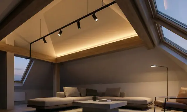 Accogliente mansarda con tetto spiovente, illuminazione soffusa e travi a vista. Un moderno sistema di faretti illumina l'ambiente, creando un'atmosfera calda e rilassante.