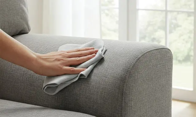 Mano che pulisce una poltrona in tessuto grigio con un panno. Un gesto semplice per imparare come pulire una poltrona in tessuto e mantenerla come nuova.