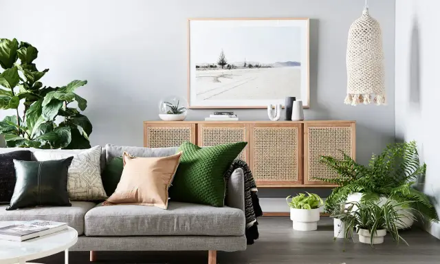 Accogliente zona giorno con divano grigio, cuscini colorati, credenza in rattan e piante verdi.