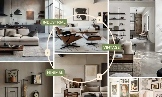 Collage di interni: cucina industriale, soggiorno vintage con poltrona Eames, e zona living minimal. Un esempio di abbinamento colori arredamento.