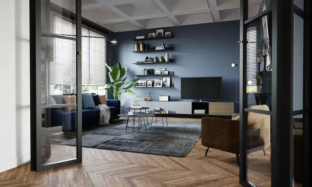 Un elegante foto salotto moderno con divano blu, poltrona marrone, tappeto scuro e pareti blu intenso.