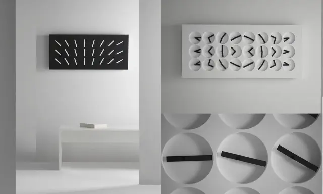 Orologio muro design minimalista, con quadrante nero e lancette bianche, e un altro con quadrante bianco e lancette nere.