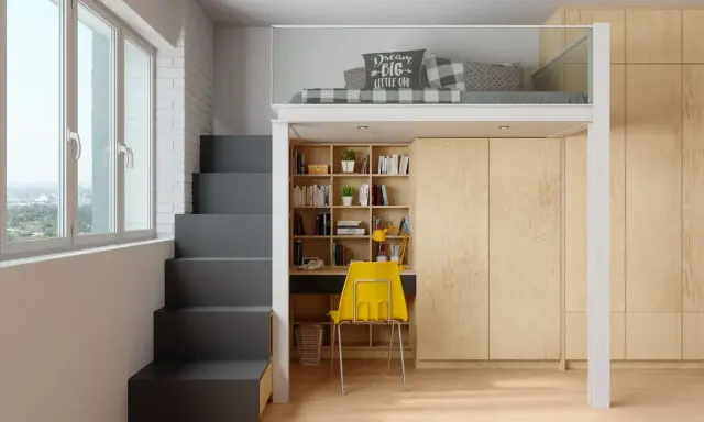 Soluzione geniale per arredare piccoli spazi: letto soppalcato, scrivania e libreria integrate, con scale contenitive.