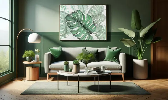 Un soggiorno moderno con divano grigio, cuscini verdi e un quadro di foglie tropicali. Un esempio di come abbinare il verde per un'atmosfera rilassante.