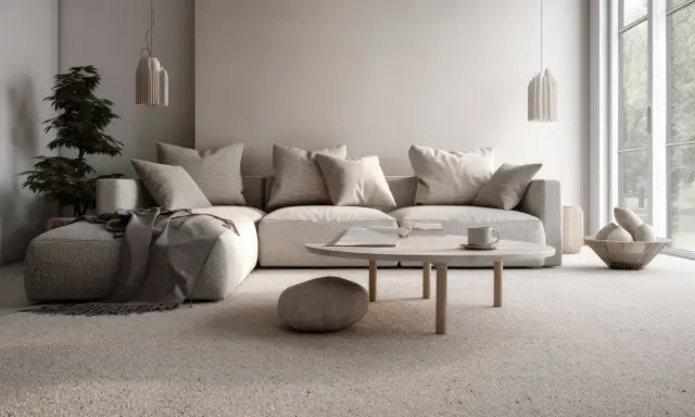 Soggiorno accogliente con divano angolare e tappeto in un caldo colore taupe. Tavolino rotondo con tazza e libro.