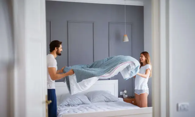 Coppia felice cambia le lenzuola, un promemoria su ogni quanto cambiare le lenzuola per un sonno fresco e igienico.