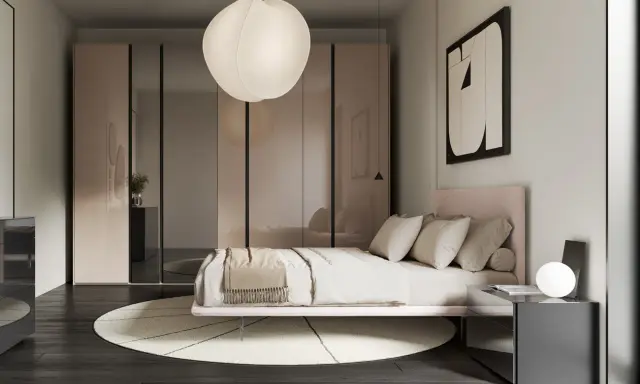 Idee per appartamenti moderni: camera da letto elegante con letto rosa, armadio a specchio e lampada a sospensione sferica.