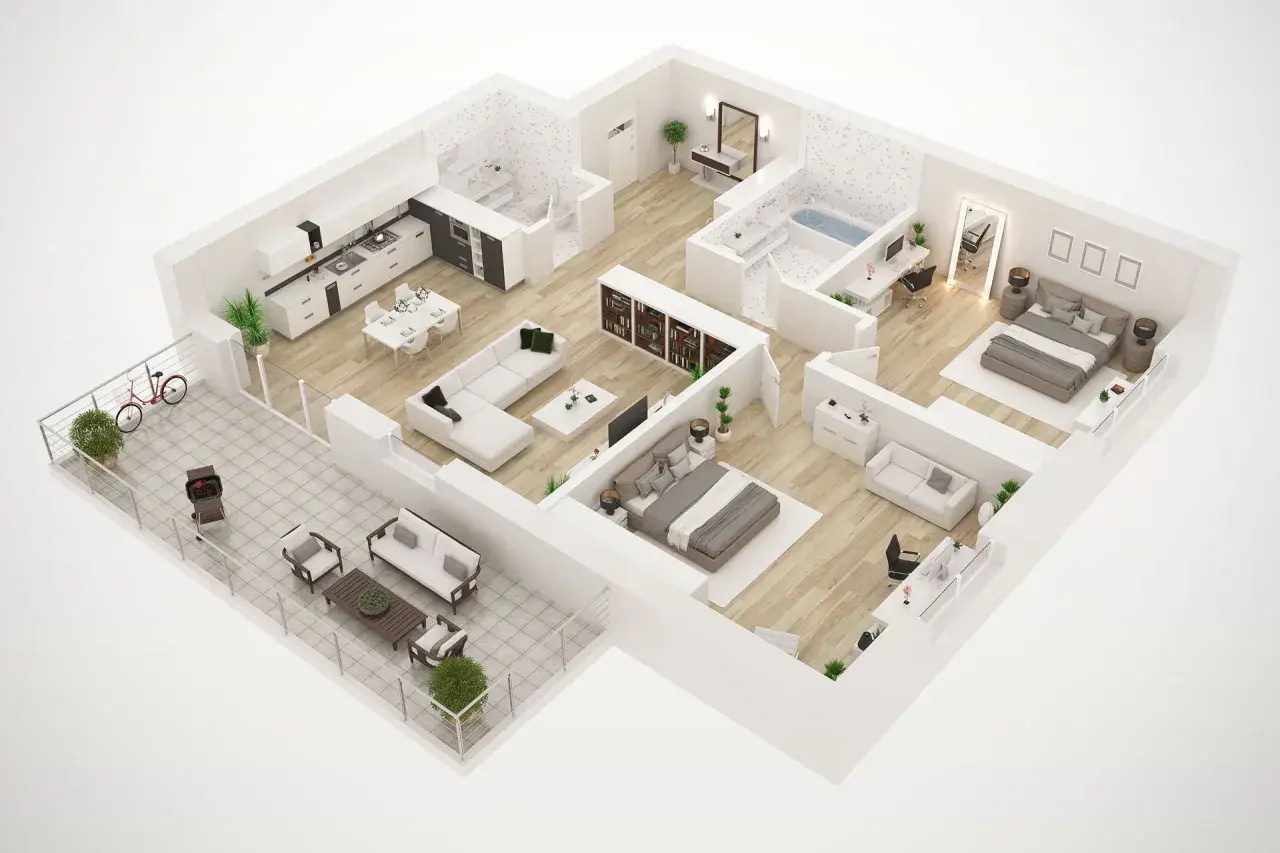 Progetto di interior design: vista aerea di un appartamento moderno con cucina, soggiorno, due camere da letto, bagno e terrazzo.
