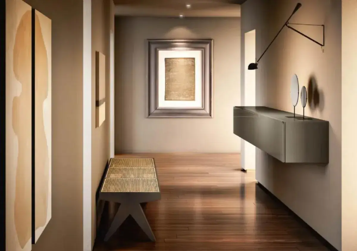 Corridoio d'ingresso moderno con panca in bambù, quadro d'autore e mensola sospesa. Idee corridoio ingresso eleganti e funzionali.