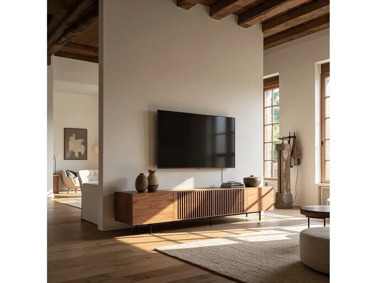 Un ampio soggiorno con un mobile TV in legno, un televisore da 75 pollici e un divano in lontananza. La distanza tv divano 75 pollici &egrave; ideale per godersi la visione.