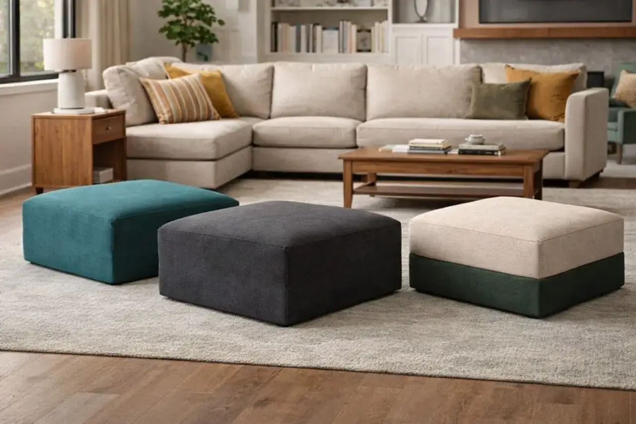 Tre pouf di design in tonalità diverse, un turchese vivace, un grigio antracite e un bicolore beige/verde scuro, arricchiscono un salotto moderno.