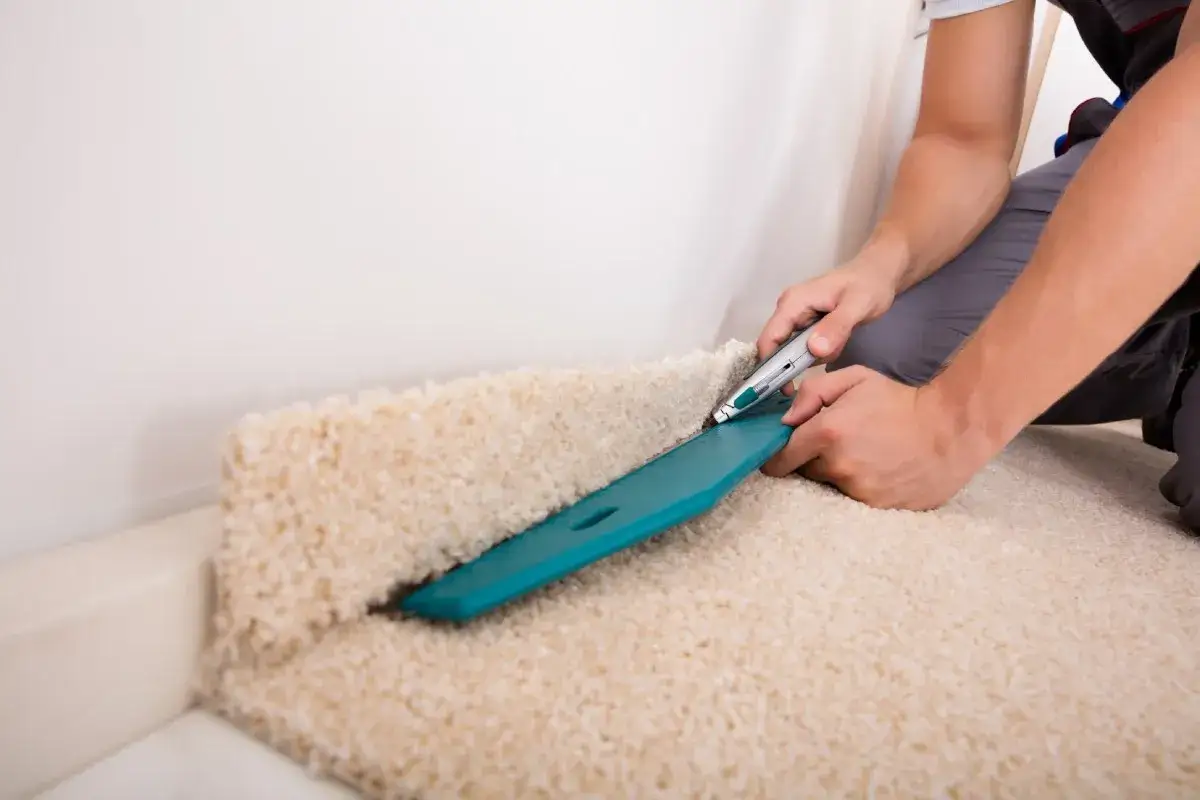 Un professionista taglia la moquette beige con un cutter, usando una guida verde. Un passo fondamentale per capire come pulire la moquette e mantenerla perfetta.