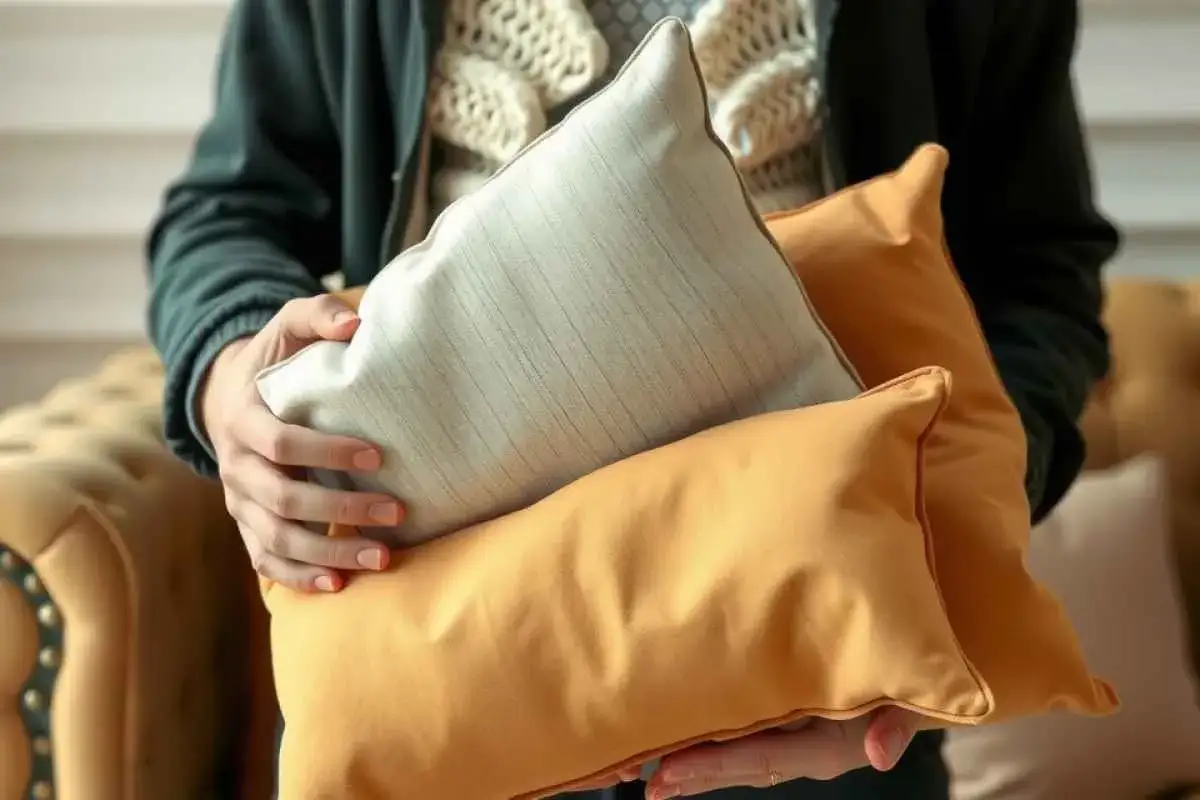 Mani che tengono cuscini del divano, pronti per scoprire come lavare i cuscini del divano per mantenerli freschi e puliti.