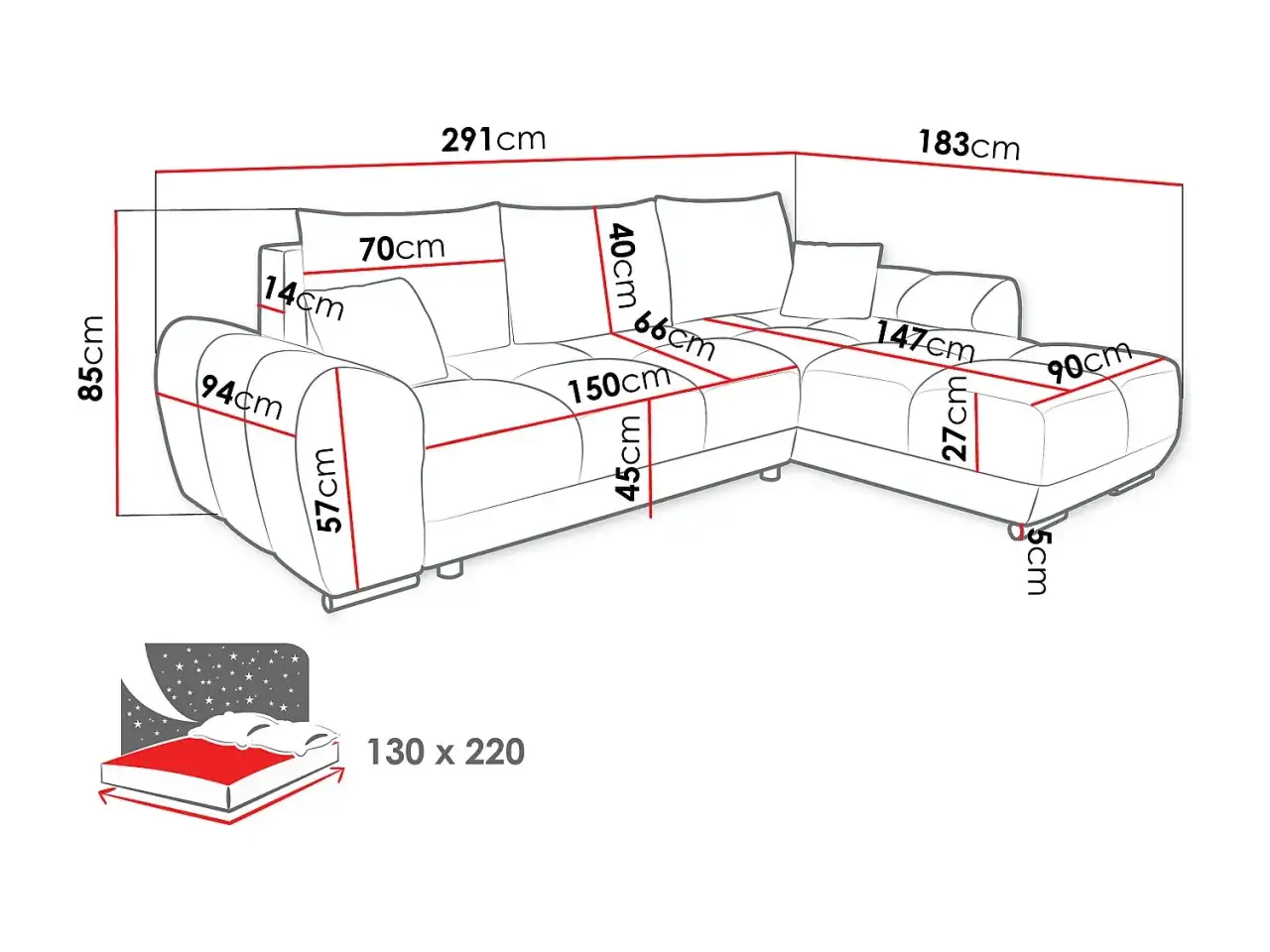 Misure divano angolare: 291x183cm, altezza 85cm. Include dimensioni per seduta, braccioli e chaise longue.
